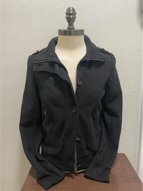 Y2K Puff and Bear S Black Fleece Pea Coat Jacket Grunge